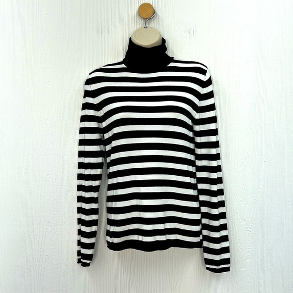 Zara - Black And White Stripe Soft Turtleneck Lightweight Sweater Size Large - Picture 1 of 10